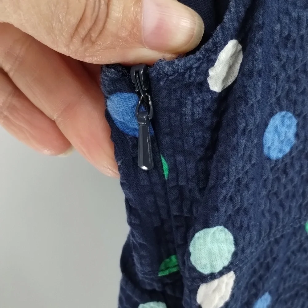 Gymboree cotton dress size 7 navy with polka dots and pockets tie back ruffle